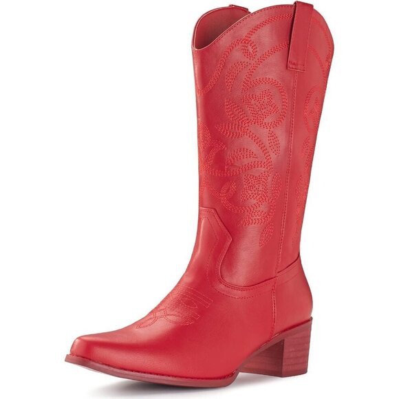 Shoes - Women's Red Pointy Toe Faux Leather Western Cowgirl Mid Calf Boots